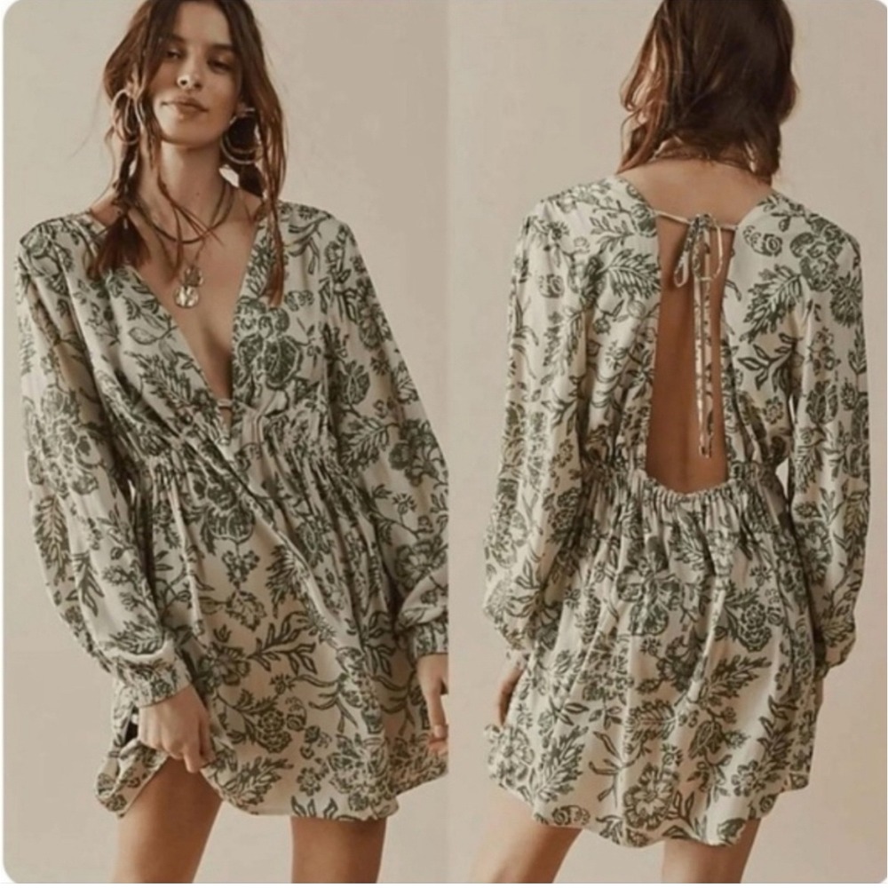 Free People Boho Floral Mini Dress Women S Green Cream Plunging V-Neck Soli